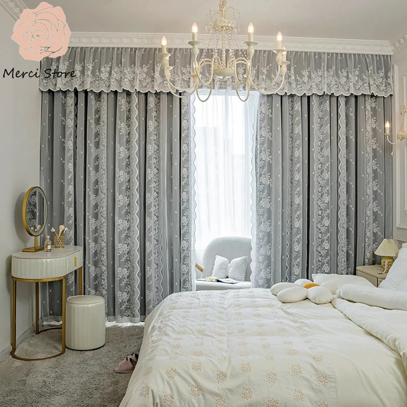 

Luxury French Pastoral Blackout Curtain for Girls Princess Bedroom Window Floor To Ceiling Windows Lace Hook Type Custom