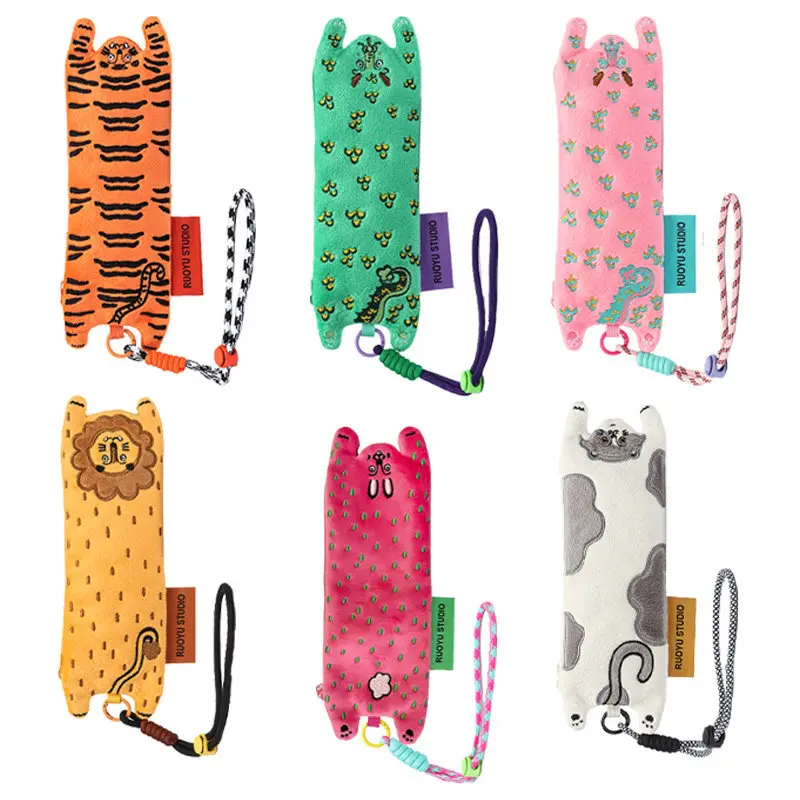 Kawaii Long Animal Plush Pencil Bag Funny Tiger Lion Cat Design Stationery Pouch with Hand Strap Portable Pen Storage Case Girl