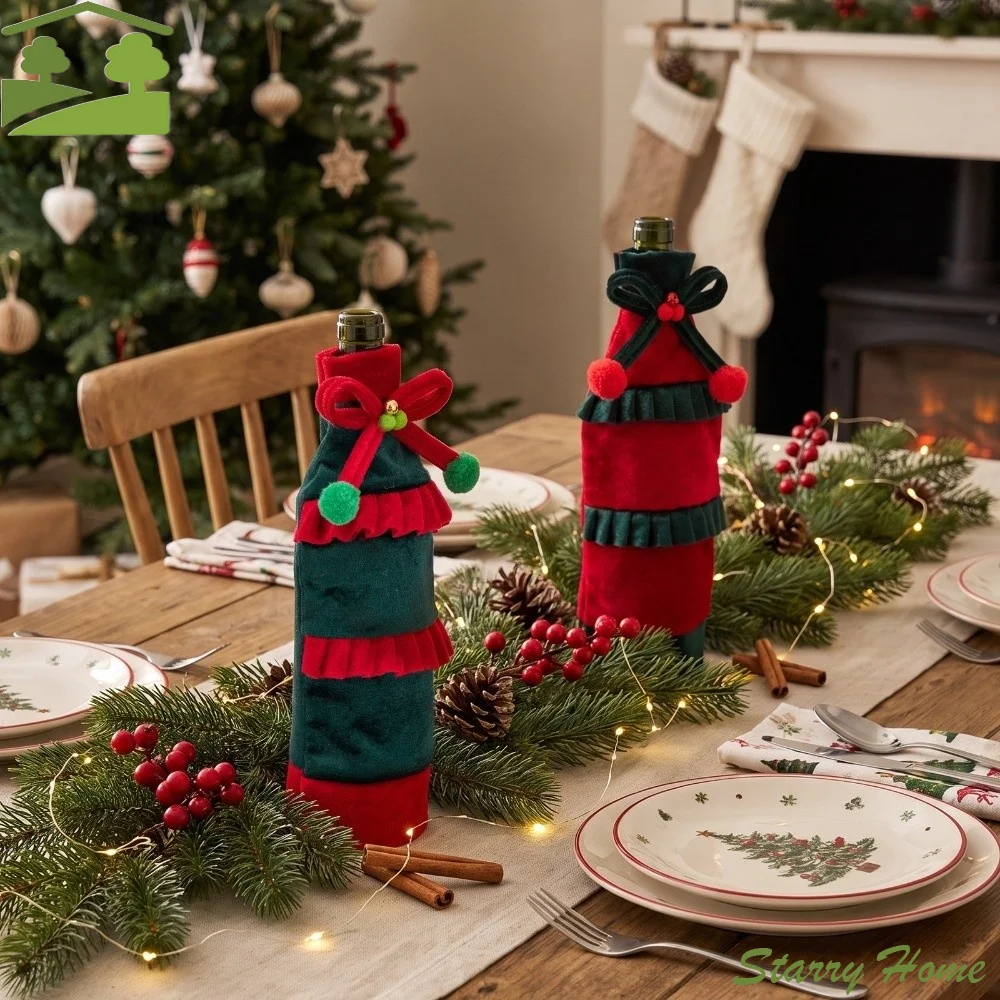 Bow Ruffled Christmas Velvet Bottle Cover Bowknot Velvet Wine Bottle Cover 30cm 11.81in Elegant Holiday Decoration