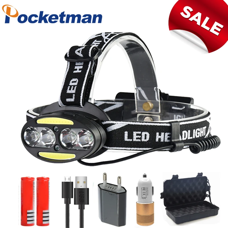 

Super bright 7 Modes LED headlamp T Head torch with COB lights 2 Red lighting headlight Use 18650 battery For Camping Lanterna