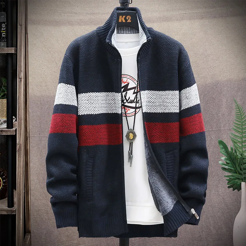 Men\'s Winter Sweater Thick Fleece Warm Korean Popular Clothes Casual Stand Collar Zipper Cardigan Fashion Striped Coat