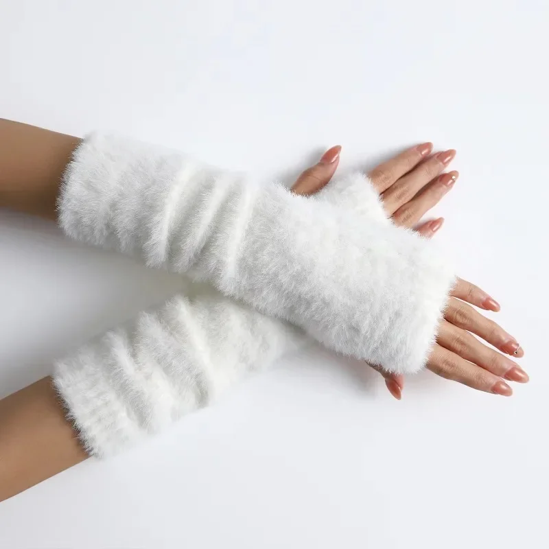 Mink-Like Velvet Arm Warmer for Women Winter Fingerless Gloves Knit Mitten Gloves Wrist Warmer with Thumb Hole