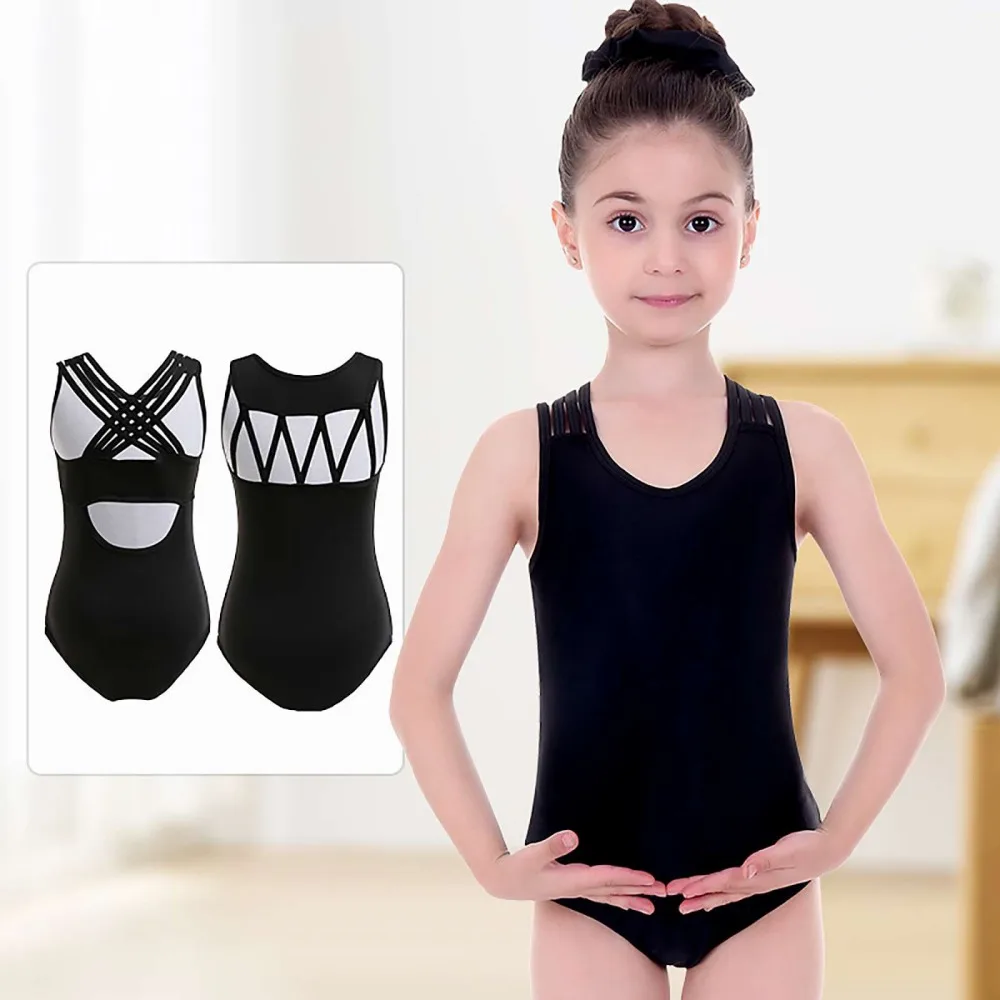 Girls' Sleeveless Gymnastics Bodysuit Ballet Leotard Classic Black Round Neck Back Hollow Dance Suit For 3-14Y