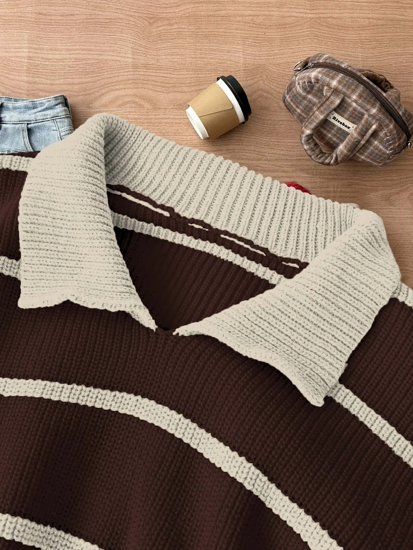 Women's polo neck striped ribbed trim knitted shirt, elegant, suitable for daily commuting, autumn and winter style image 4