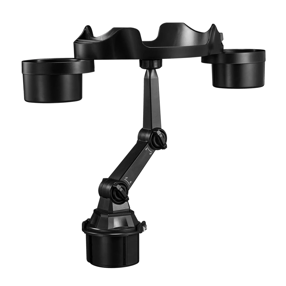 Car Cup Holder Food Tray with 360° Rotating Swivel Arm and Adjustable Extendable Base, 2 Drinks Mounts & Phone Stand