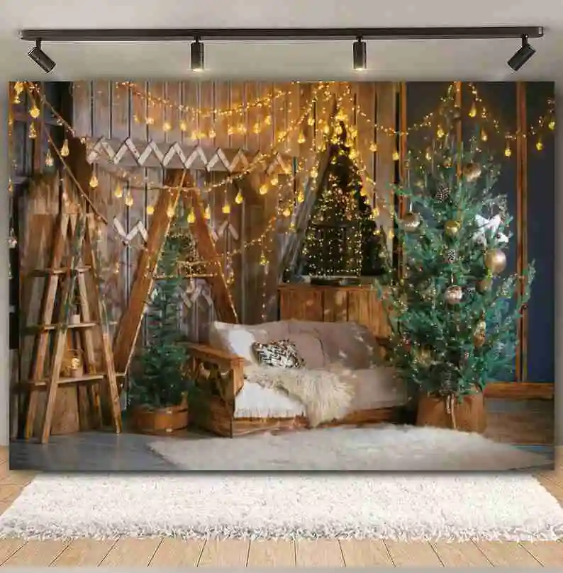 Christmas Backdrop for Photography Xmas Tree Gifts Fireplace Bear Shop Holiday Party Kids Baby Portrait Background Photo Studio