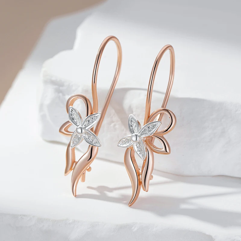 Kinel Hot Luxury Glossy Metal Flower Long Drop Earrings for Women 585 Rose Gold Silver Color Mix Daily Fine Vintage Jewelry