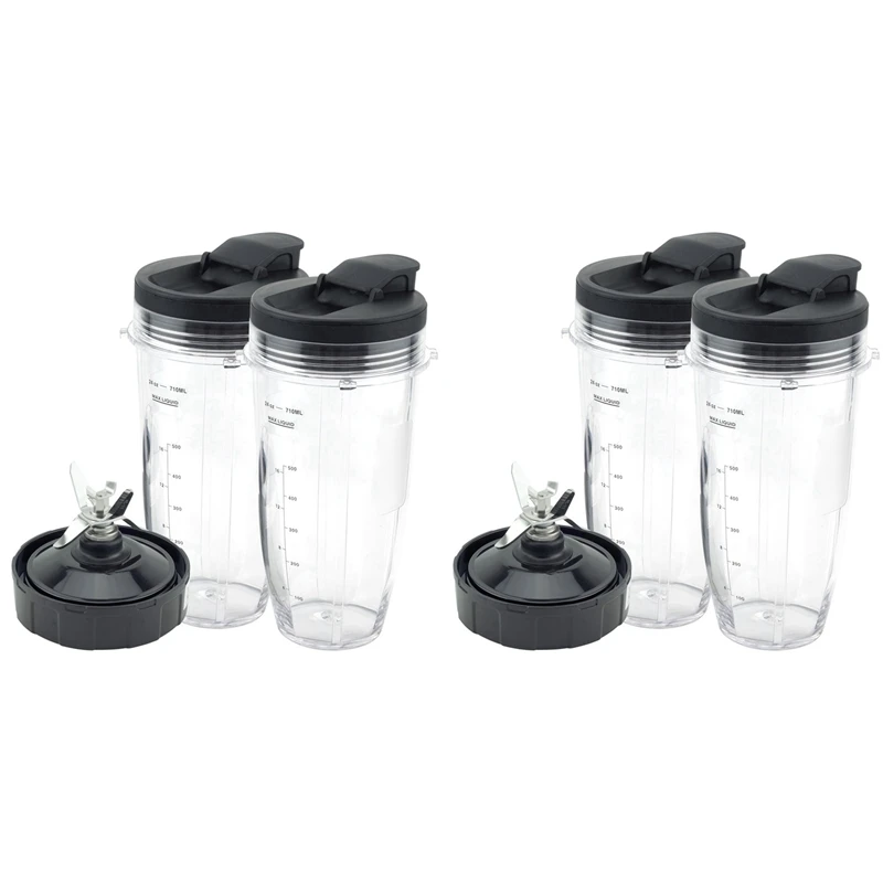 Blender Replacement Parts For Ninja, 4 24Oz Cups With To-Go Lids, 7 Fins Extractor Blade, For Nutri Ninja Auto IQ