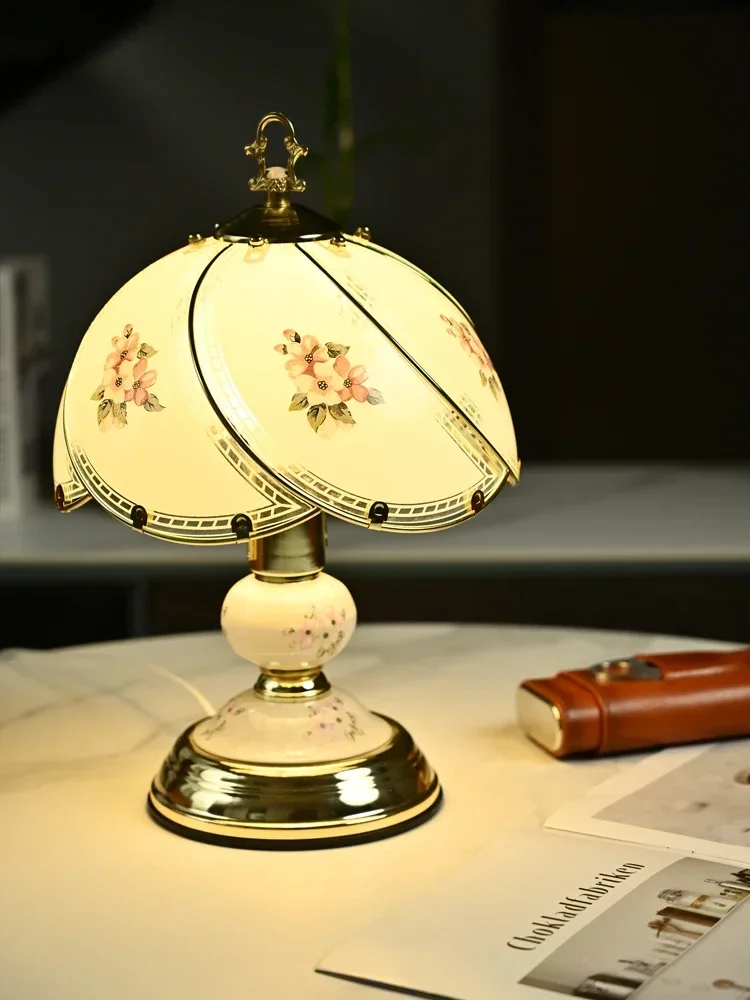 European style luxury bedroom bedside table lamp glass lampshade touch infinite dimming three color dimming strip watch ceramic