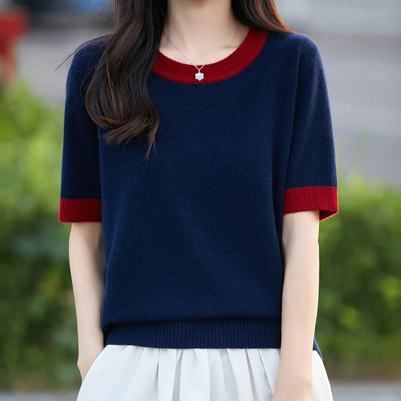 BELIARST Women's Casual Round Neck Short Sleeve 100% Merino Wool Sweater Contrasting Color Knitted Vest for Autumn And Winter