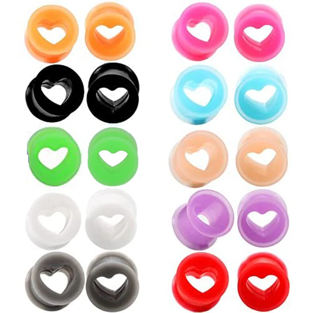 1 Pair Heart Soft Flexible Silicone Ear Plugs Double Flared Expander Flesh Tunnels Body Jewelry 6-20mm Multiple Colors