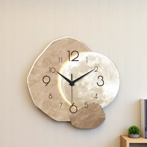 Modern Simple Silent Wall Clock, Moon Design - Quartz Movement, Wooden Material, for Bedroom, Living Room or Office Decoration