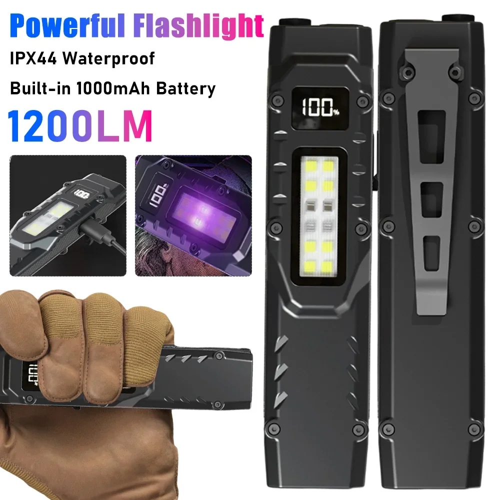 مصباح يدوي محمول 1200 لومن USB مصباح يدوي تكتيكي قابل لإعادة الشحن IPX44 مقاوم للماء LED ضوء العمل للتخييم في حالات الطوارئ