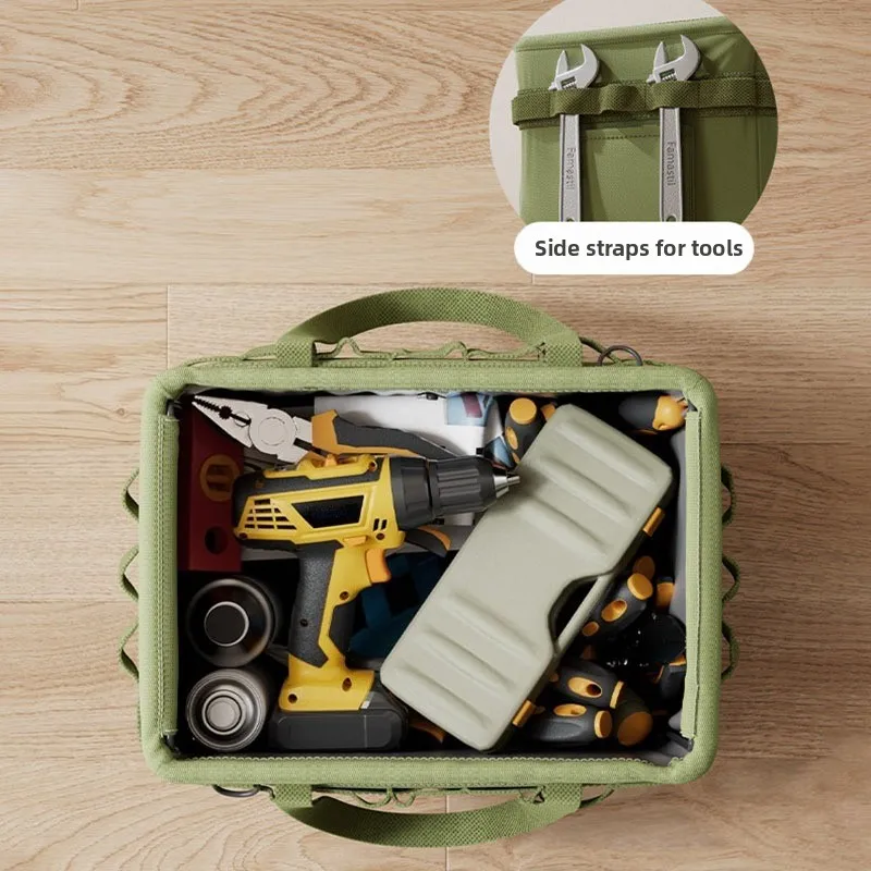 Robuste, faltbare Werkzeugtasche mit Seitentasche, Organizer aus Oxford-Stoff mit großem Fassungsvermögen für Camping, Autoreparatur, Bauarbeiten – Detail 9