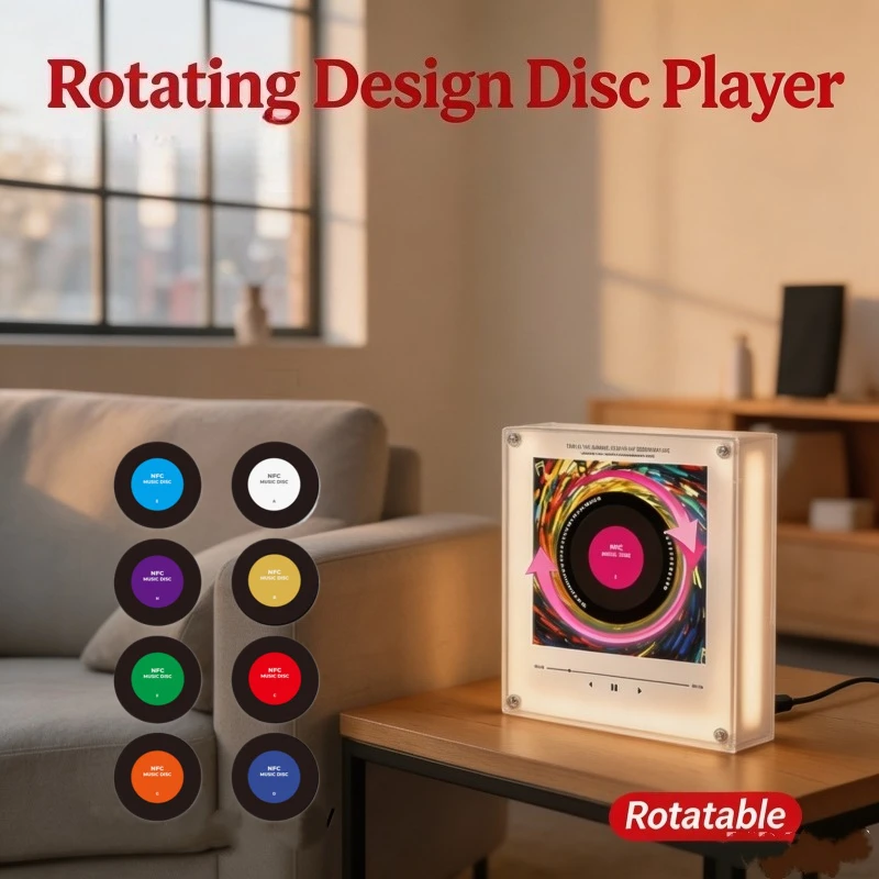 NFC Sensing Magnetic Song Player With 8Pcs Empty Discs Night Light Auto‑Rotating Refrigerator Magnet Music Box Creative Gift