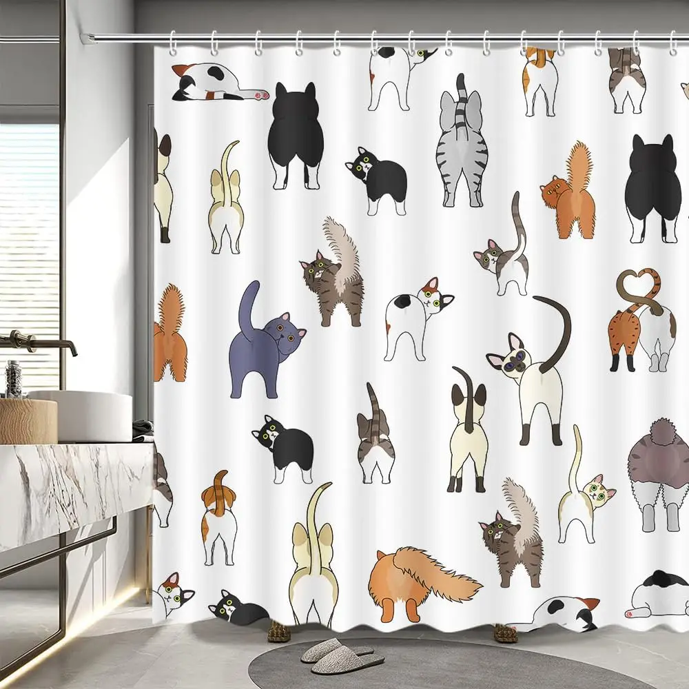 

Funny Cat Butts Shower Curtain with Various Cat Breeds Showing Tails Cute Animal Print for Bathroom Decor