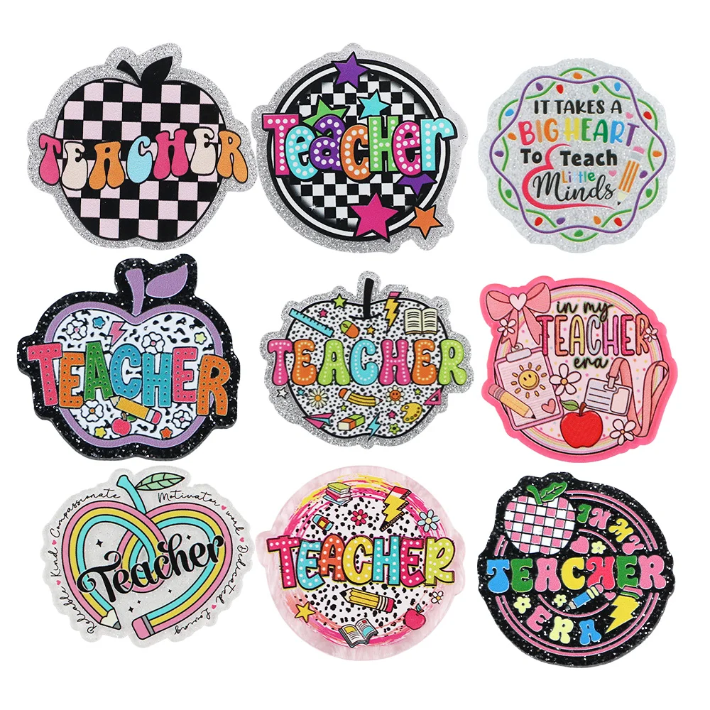 

5PCS Colorful Teacher Text Resin Planars Acrylic Flatback Round Shape Glitter DIY Material for Badge Pendant Decoration