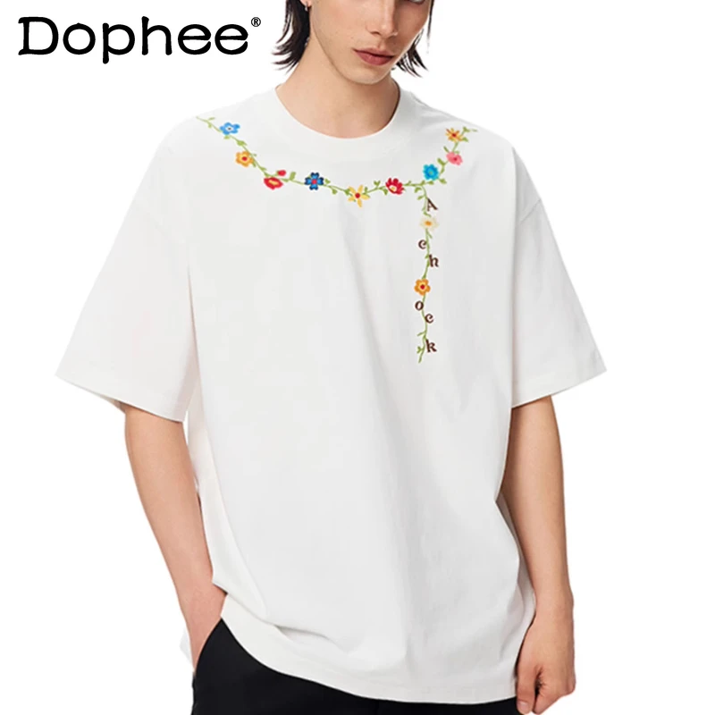 

Stylish Flower Embroidered Short-sleeve Chic T-shirts Men Women 2025 Summer New Trendy American Style Tops Handsome Comfort Tees