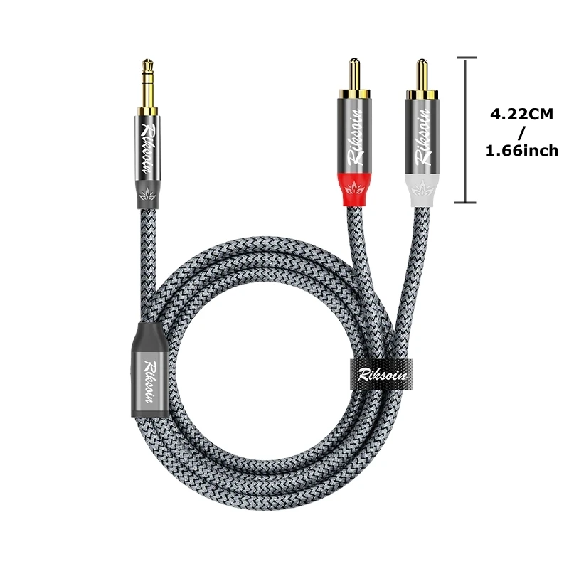 Riksoin 3.5mm to 2 RCA Audio Cable, Hi-Fi Stereo, Gold-Plated, Nylon Braided Y-Cord for Amp/Speaker/DJ/Turntable/TV/Car/Phone