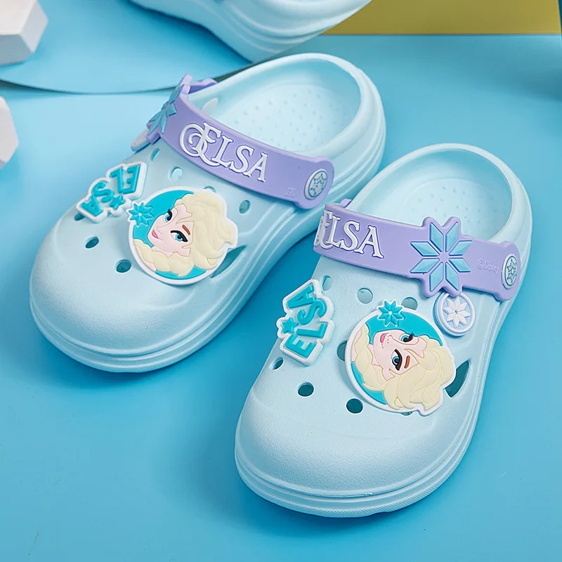 Disney Children's Casual Shoes Frozen Baby Indoor Home Anti slip Princess Elsa Cartoon Beach Blue EVA Summer Shoes Size 15-20