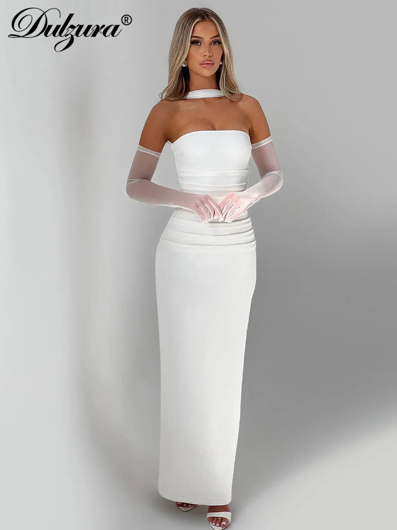Dulzuraหน้าอกห่อBackless Bodycon RuchedกลับSlit Midiชุดตาข่ายถุงมือเซ็กซี่Elegant Tubeชุดยาวปาร์ตี้Clubwear