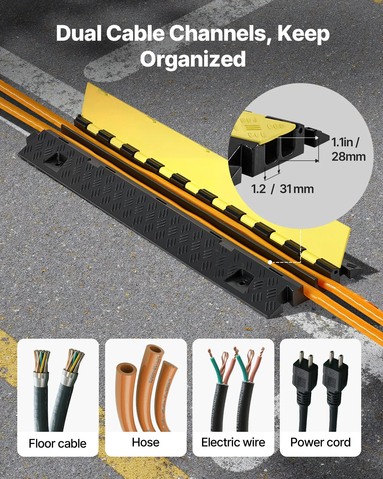 Lot de 3 rampes de protection de câbles en TPU à 2 canaux de 940 mm, capacité d'axe de 9979 kg, protecteurs de câbles au sol pour zones à fort trafic