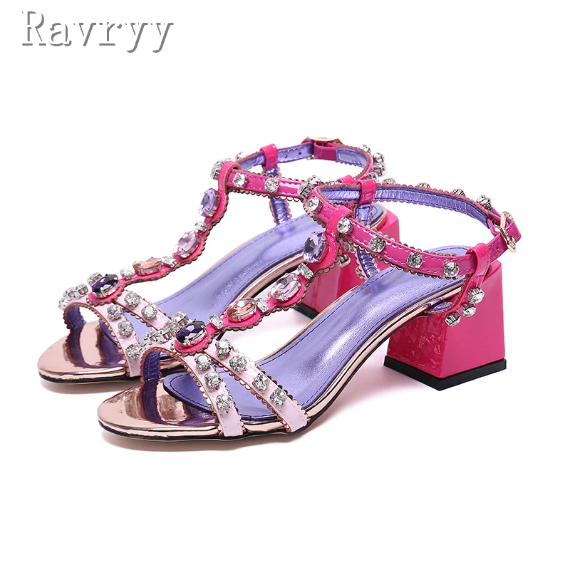 Luxury Rhinestones Women Sandals Designer Round Open Toe Thick Heels Buckle Strap Summer Shoes Fashion Party Wedding Shoes