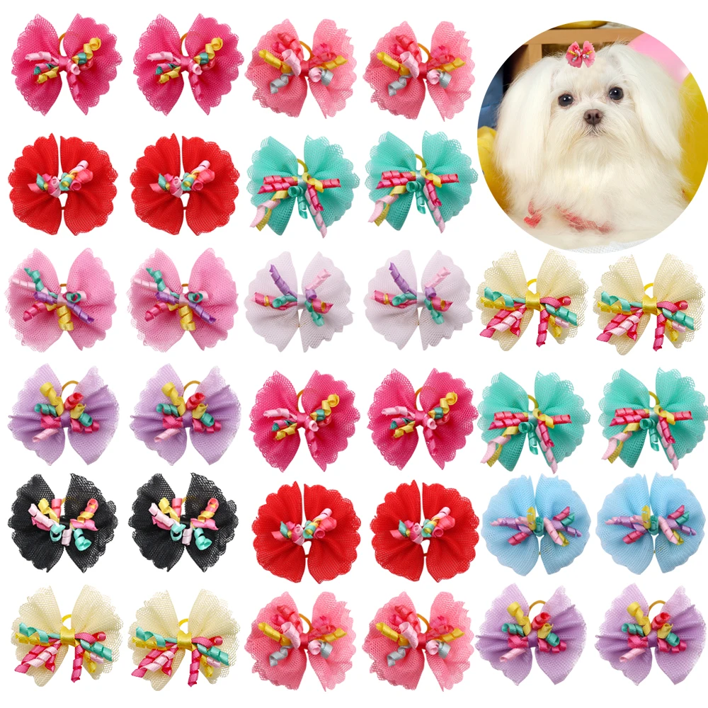 100PCS Dog Bows Volumes Ribbon Pet hair bows Dog Lace Bowknot Rubber bands Cute Dog Hair accessories Porcelain Gift For Dogs