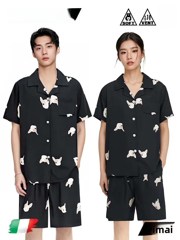 

PinkBread French Indian Dog Couples Sleepwear Summer Short Sleeve Shorts Ice Silk Home Clothes Suitable for Outdoor Wear