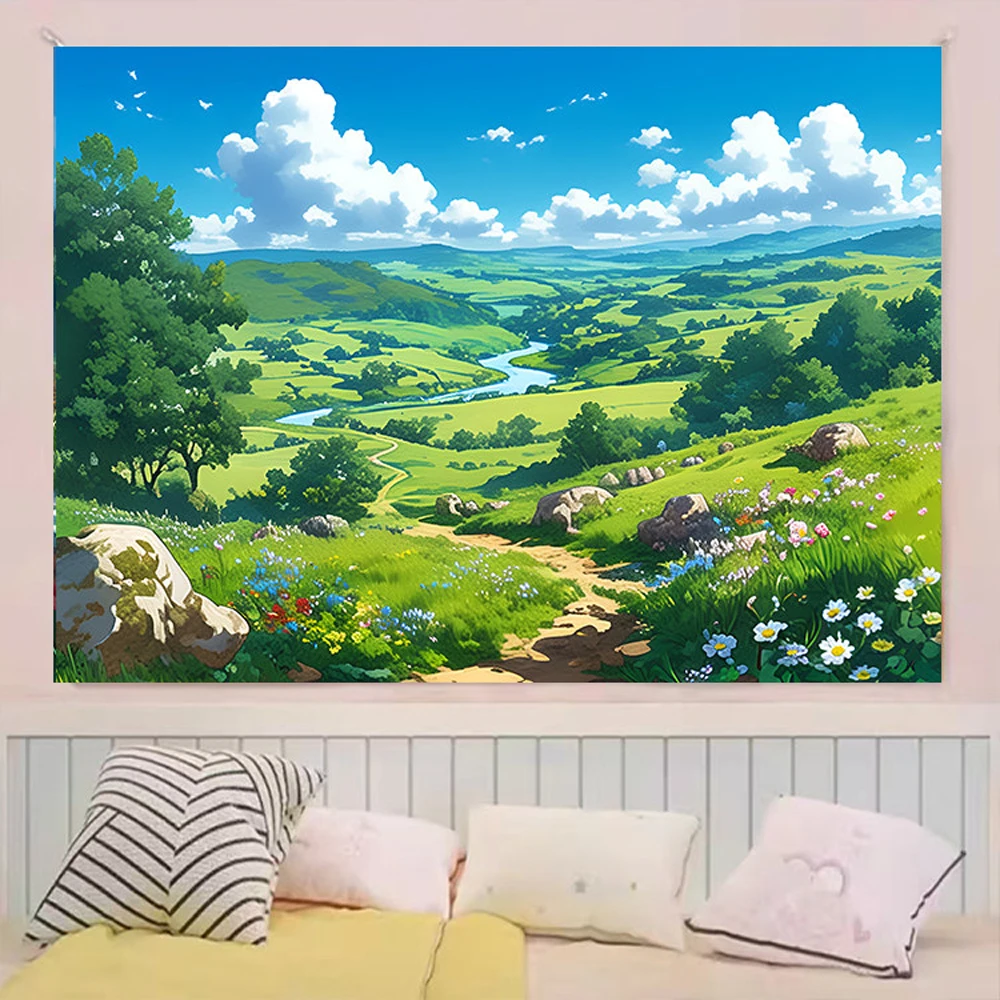 Hayao Miyazaki Town Style Tapestry, Wall Hanging for Bedroom Headboard Decor, Photo Backdrop Cloth