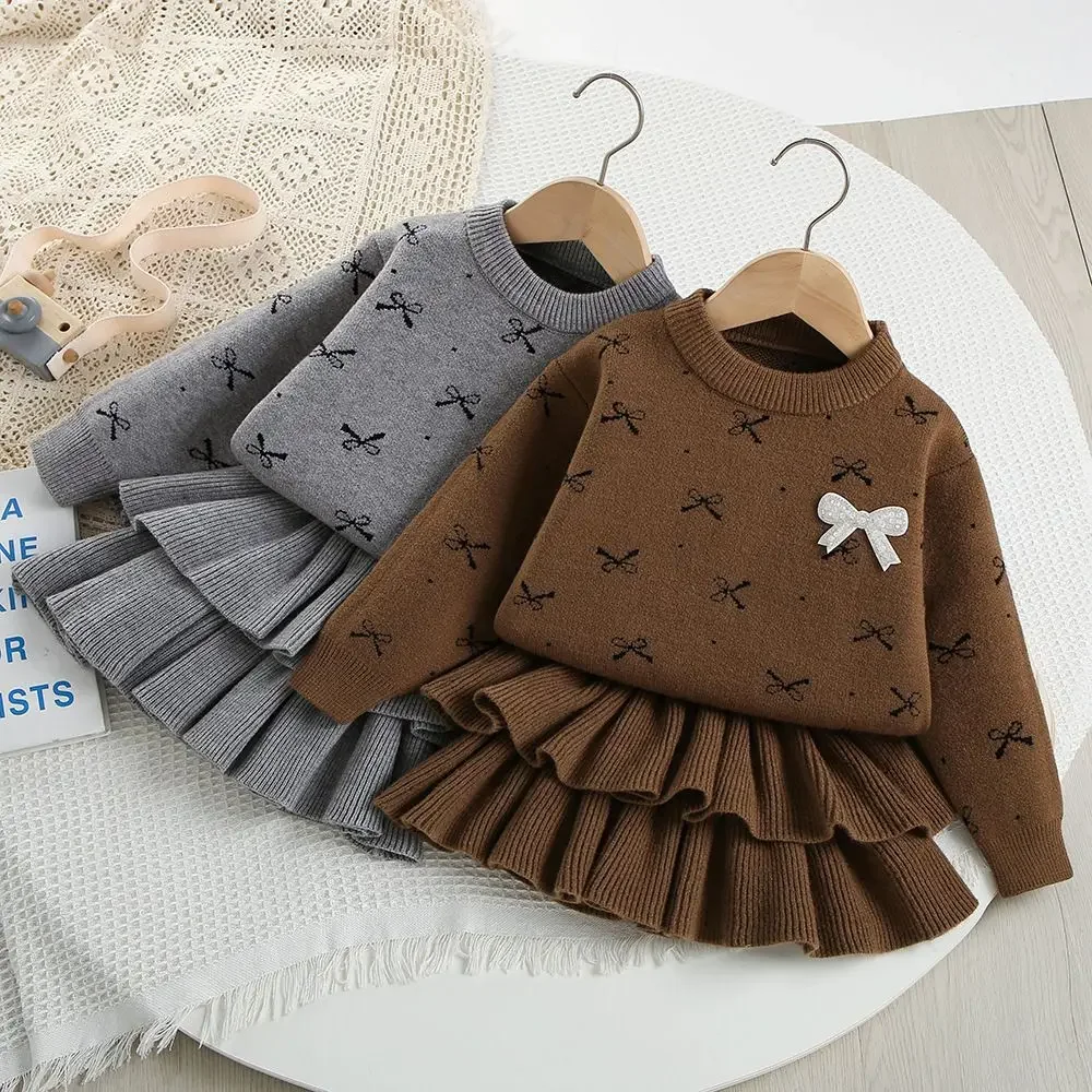 

2026 New Casual Girls Dress Knitting Kids Suit Winter Long Sleeves Princess Top and Skirt 2 pcs Outfits Sweater Kids Clothes