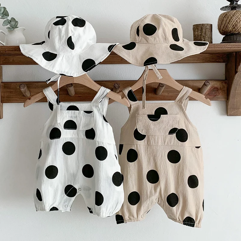 

Infant Baby Girls Boys Sleeveless Dot Jumpsuit + Hat Summer Baby Girls Boys Rompers Toddler Kids Baby Rompers Children Clothes