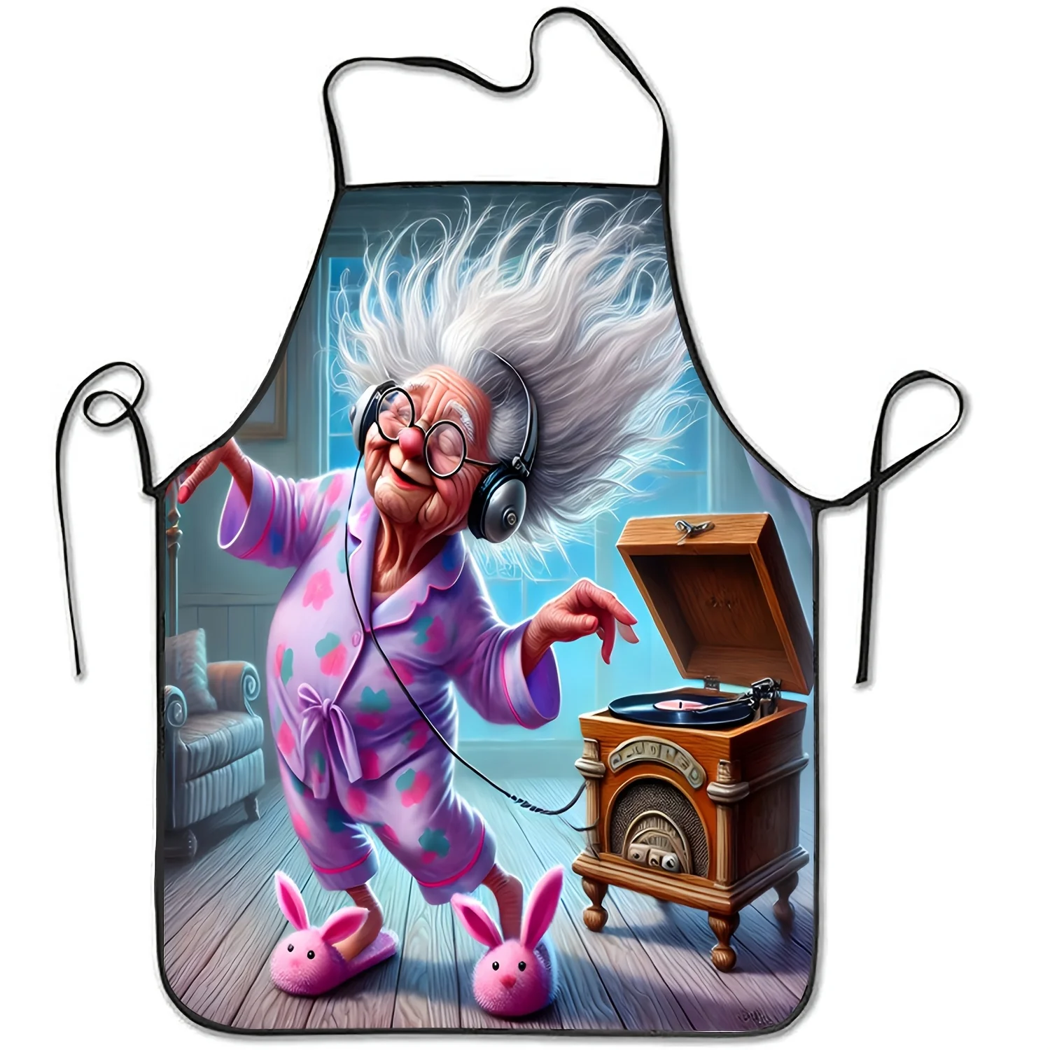 1pc Rock 'n' Roll Grandma Dancing Print Apron - Retro Rock With Dancing Grandmas Sleeveless Kitchen Apron Suitable For Home Baki