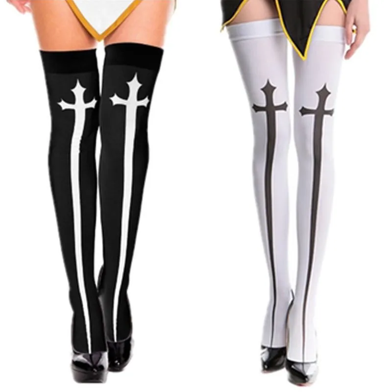 Japanese Harajuku Long Socks Festival Party Cross Cosplay Black Stockings Dark Gothic Y2K Knee Thigh Socks for Women's Skirts image 6