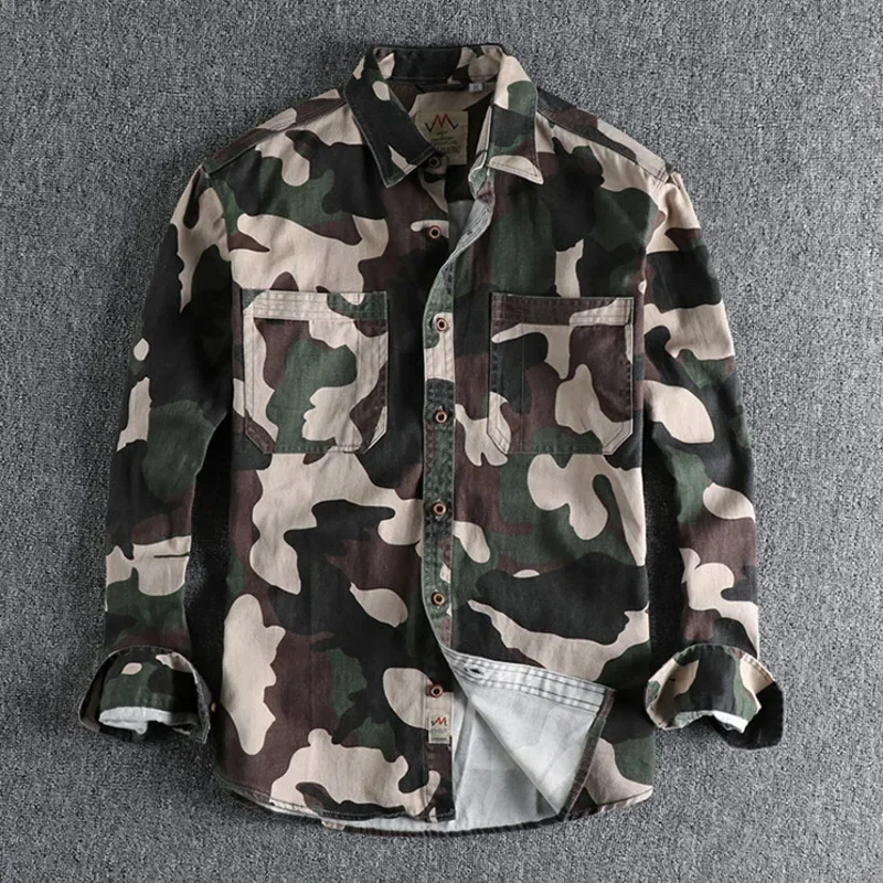 Amekaji Male Cargo Washed Shirt Jacket Canvas Cotton Camouflage Military Uniform Light Casual Work Safari Style Mens Shirts Top