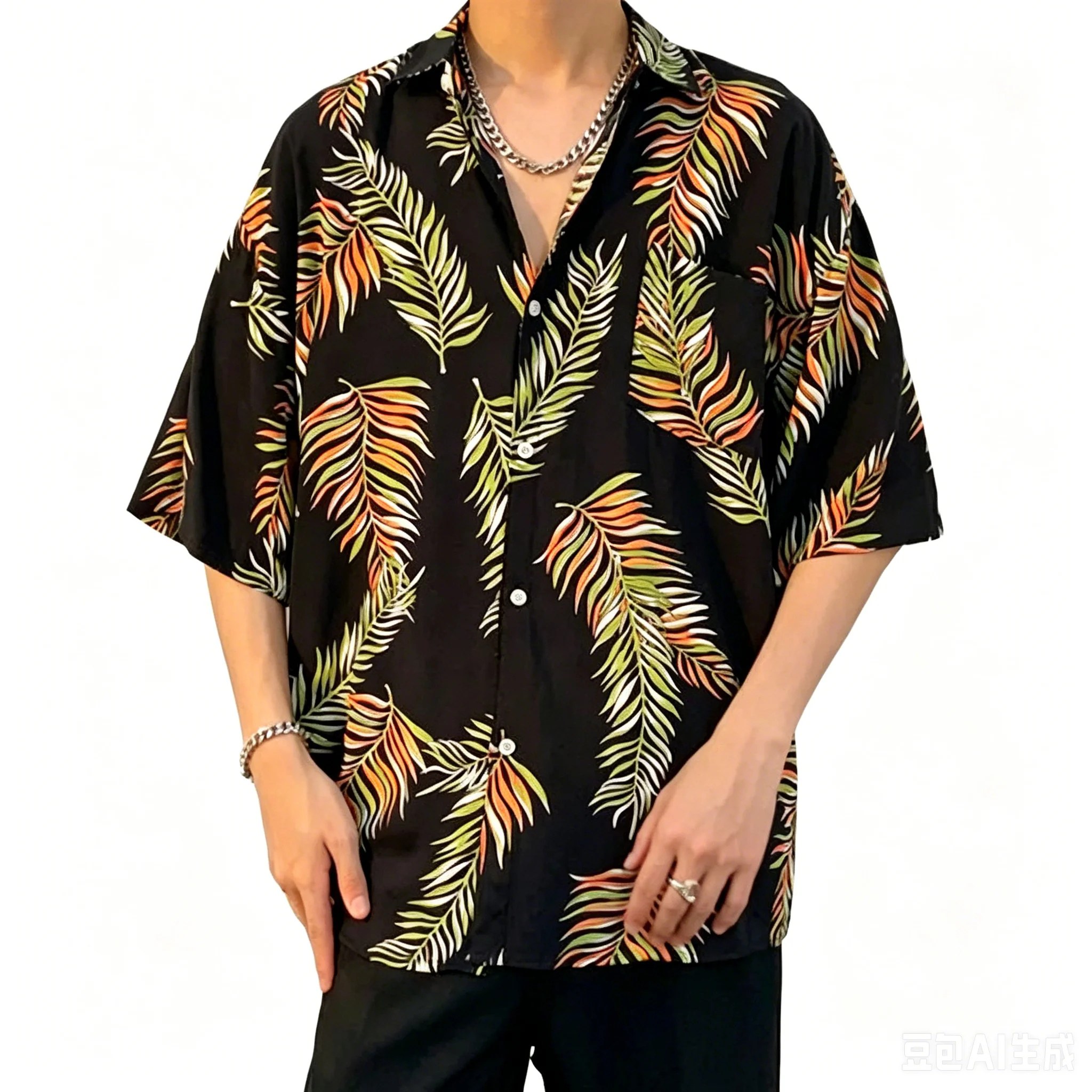 Retro Island Style Men's Printed Loose Sunflower Palm Leaf Quick Drying Breathable Casual Shirt