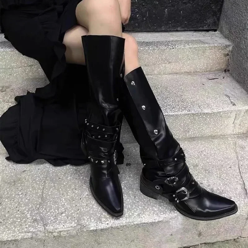 Woman Black Punk Knee High Platform Low Heel Trend Punk Gothic New Rock Leather Fashion Women Chunky Knight Motorcycle Footwear