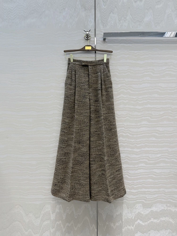 Spring Autumn Fashion Wool Blend Vintage Tweed Casual Wide Leg Trousers Women's High Waist Pocket Loose Versatile Pants