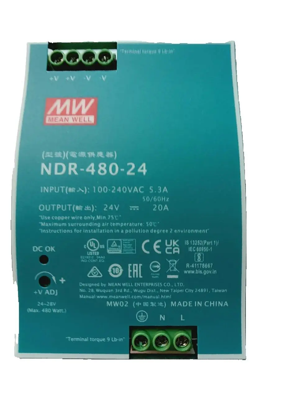 

480W 100V-240VAC to DC 24V 48V NDR-480-24 NDR-480-48 DIN Rail Type Switching Power Supply