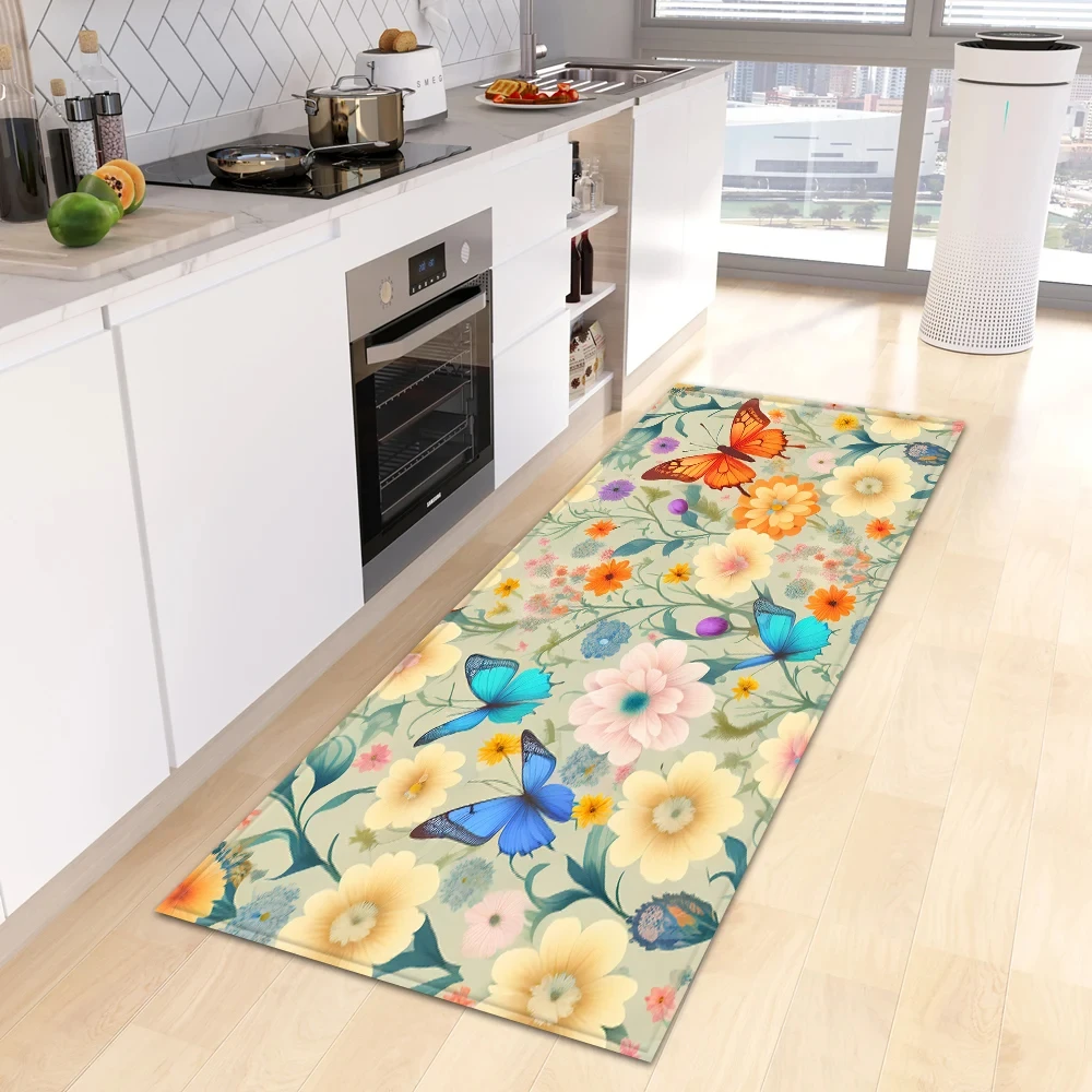 Flower Print Rug Hallway Bath Entrance Door Non-Slip Foot Mat Home Living Room Children Bedroom Balcony Floor Decoration Carpet