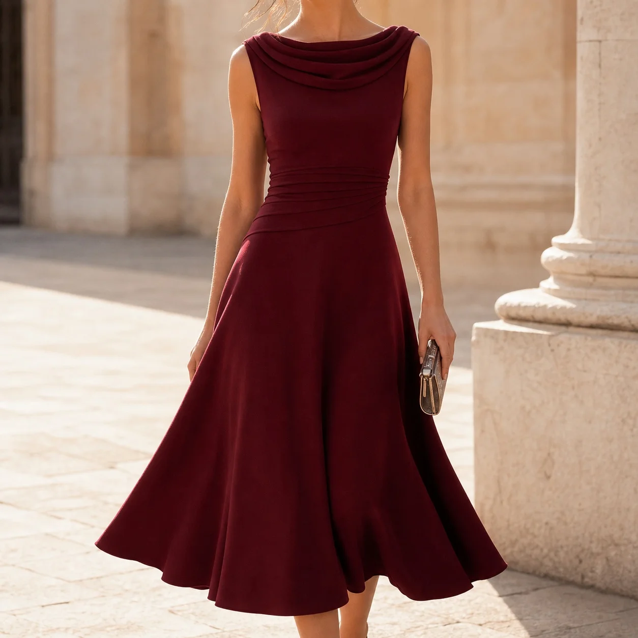Women's Elegant Cowl Neck Sleeveless Midi Dress with Fitted Waist Full Skirt for Wedding Guest Summer Party Prom Wedding Party