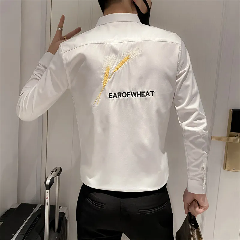 Chinese Style Embroidered Wheat Letters Slim Long Sleeve Shirt Men Spring New Quality Smooth Comfortable Luxury Camisa Masculina