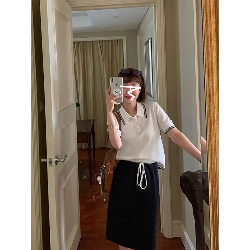 Summer High-end Fashion Polo Neck Knitted Shirt Slim Short Sleeve Tops Women Sexy Button T-shirt Office Lady Knitwear Y2k Tops image 3