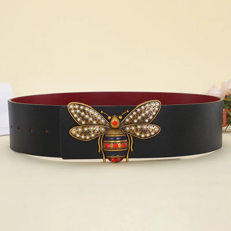 7cm Wide Leather Belt For Women Bee Pearl Buckle Jeans Black Red Pink Belt Luxury Brand Ladies designer Strap Female Waistband