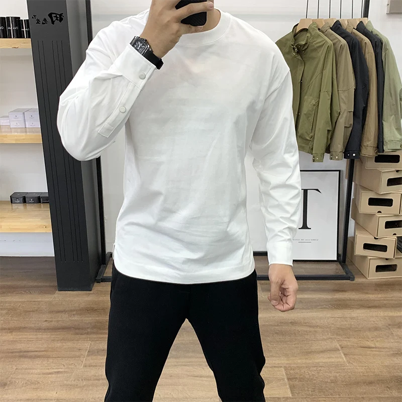 

2023 демисезонный Модный пуловер из чистого хлопка в стиле Харадзюку, Мужская нижняя рубашка, повседневные универсальные футболки, однотонные топы с круглым вырезом и длинным рукавом