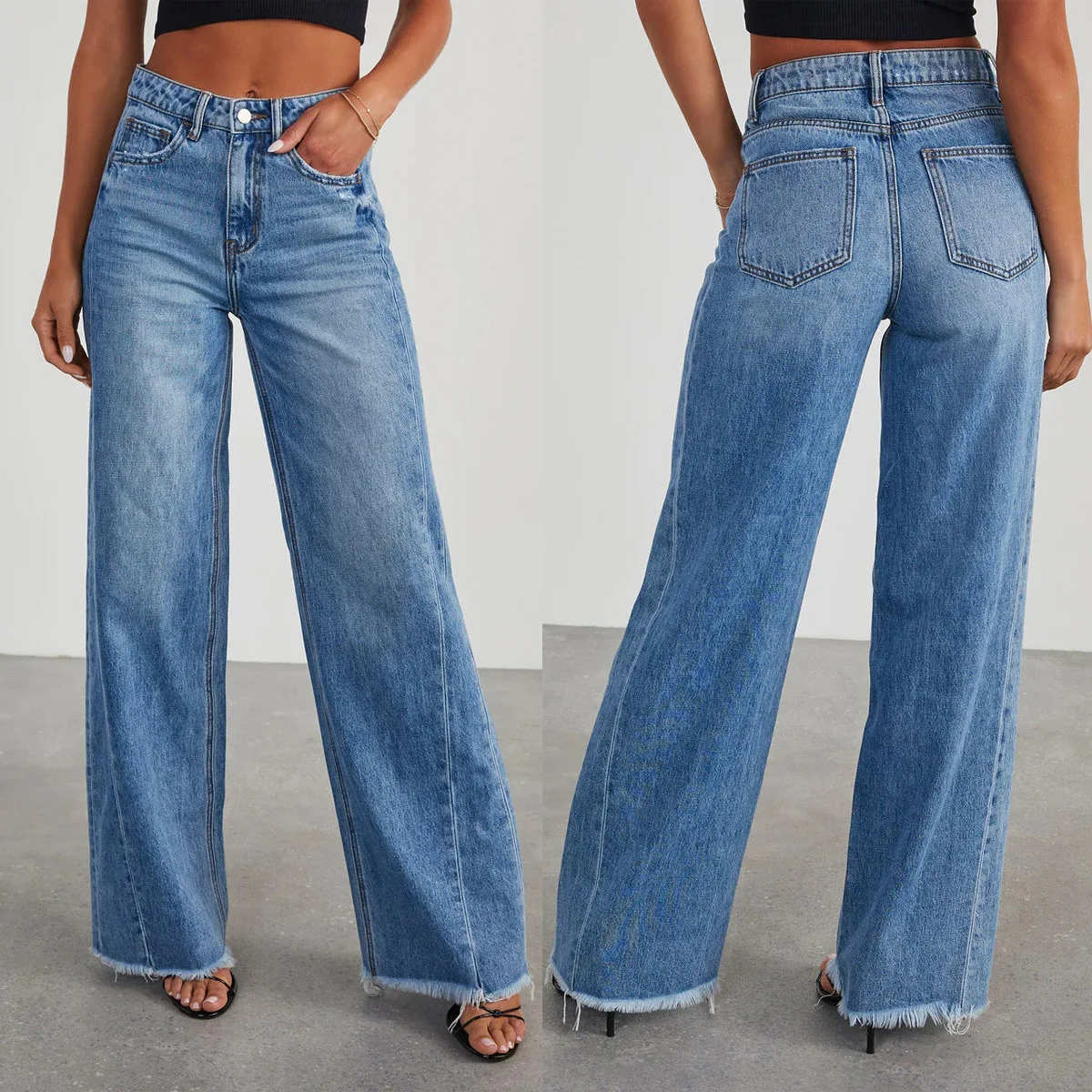 

Women's Clothing Loose Wide-Leg Side Seam Stitching Frayed Hem Jeans Denim Pants High Waist Full Length