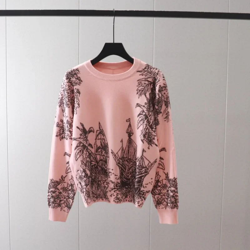 Korea Y2k Tops Sweaters Women\'s Sweater Pullovers Long Sleeve Knitted O Neck Jumper Tiger flowers Print Women Clothes Ins Winter