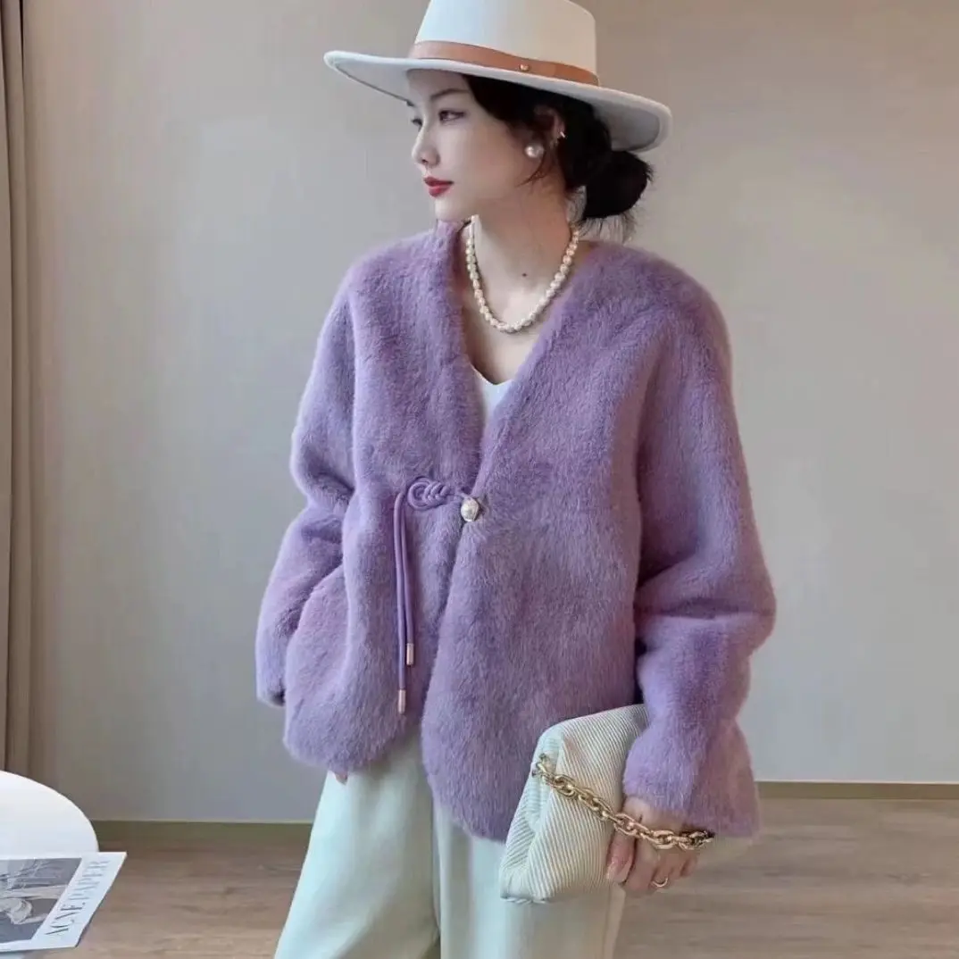 

Короткое пальто из искусственного норкового флиса, осень-зима 2022, женская плюшевая теплая куртка в китайском стиле, верхняя одежда на пуговицах, меховая куртка