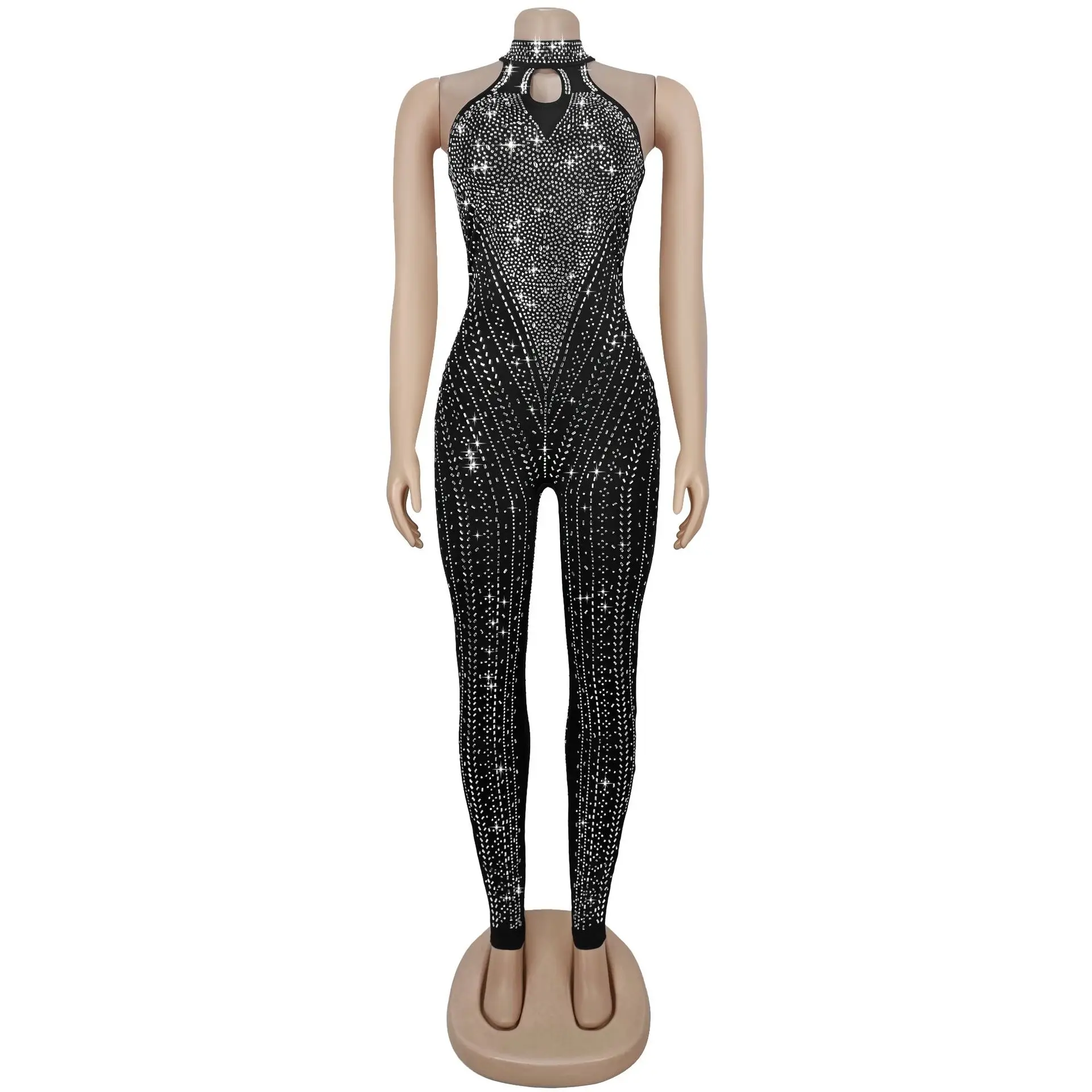 Diamanti Hot Strass Tuta nera 2025 Donna senza maniche Halter Body Sexy Club Party Donna One Pieae Tuta