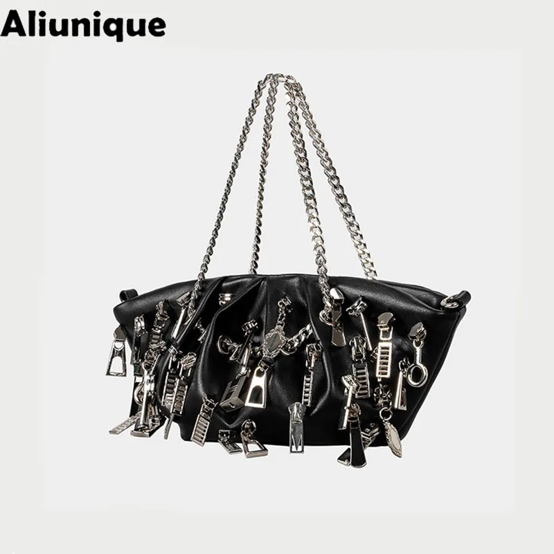 Aliunique Women's Punk Style Ruched Dumpling Armpit Bag 2026 Multi Zipper Head Decoration Shoulder Bags Spicy Girl Y2K Handbag